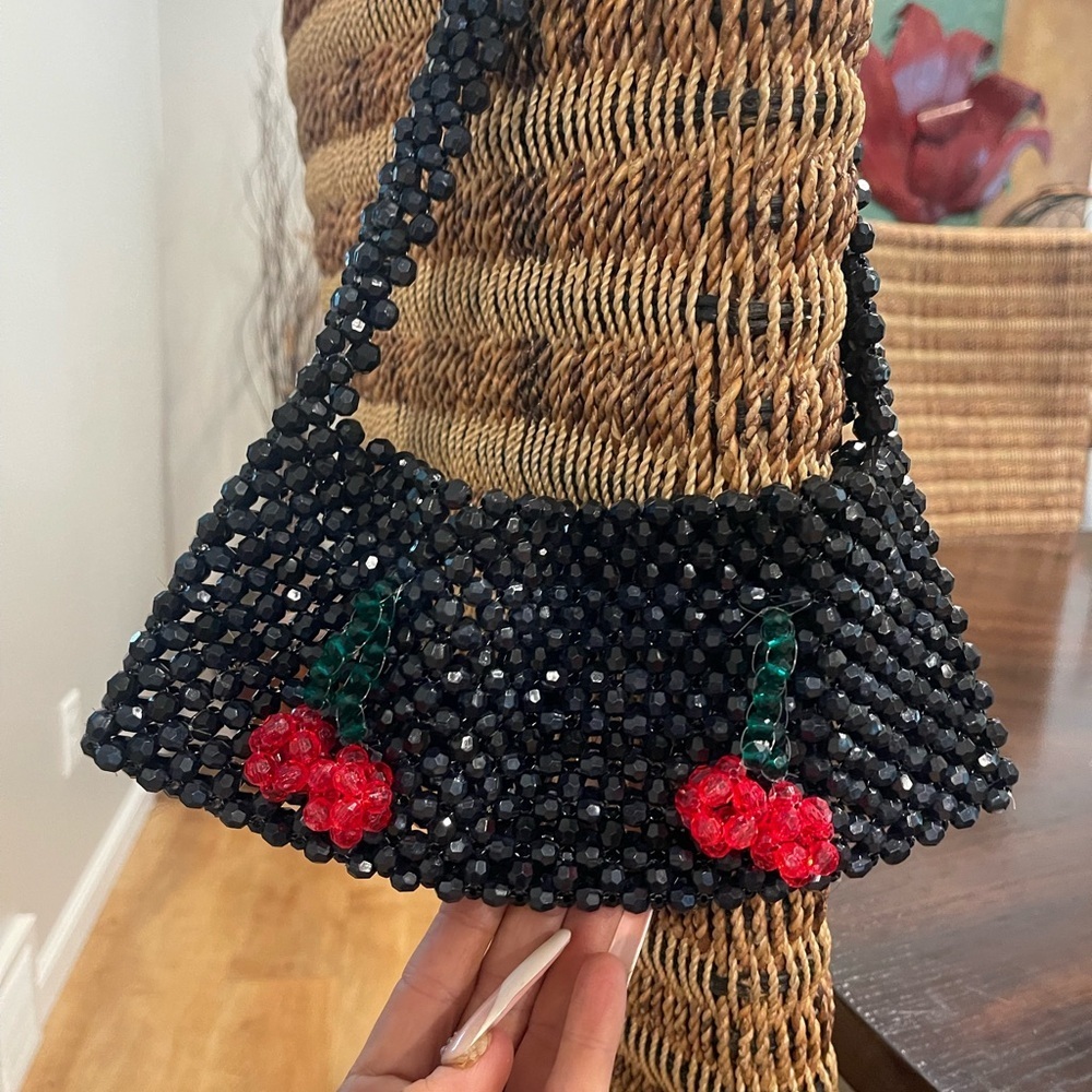 Black Beaded Shoulder Bag Red Cherry Charm Purse TikTok Viral - Picture 2 of 6